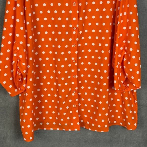Susan Graver Top Women 3X Orange Polka Dot Button Front 3/4 Length Sleeve Office - Picture 3 of 12